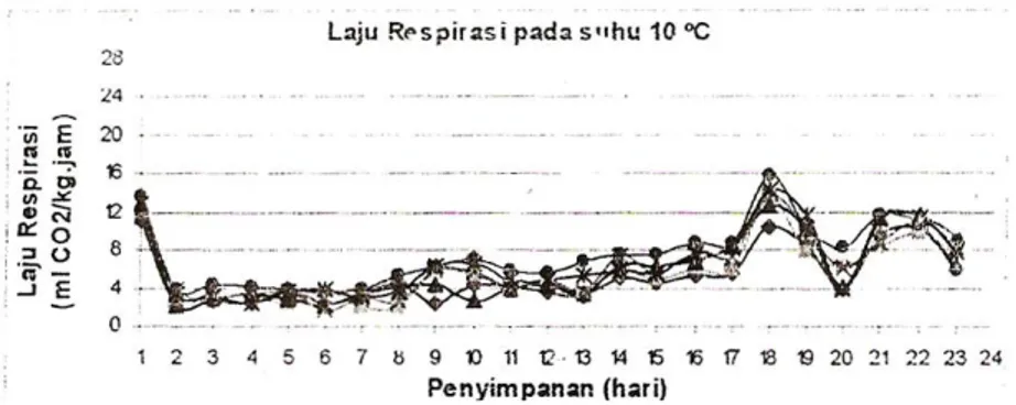 Gambar 4. Laju respirasi buah manggis pada penyimpanan dingin 10 o C    (Qanytah, 2004)