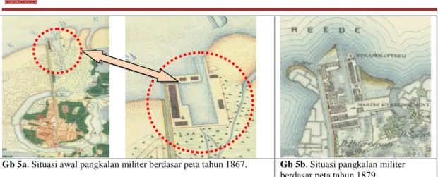 Gambar 5. Perbandingan keruangan pangkalan militer Ujung berdasar peta tahun 1867 dan 1879