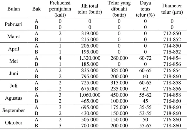 Tabel  2.  Hasil  pengamatan  pemijahan  induk  ikan  kerapu  bebek  perkawinan  silang  antara F-2 betina dengan F-0 jantan