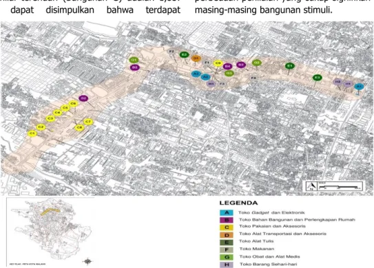 Gambar 1. Pemetaan lokasi bangunan stimuli di Jalan Soekarno Hatta dan Jalan Borobudur  
