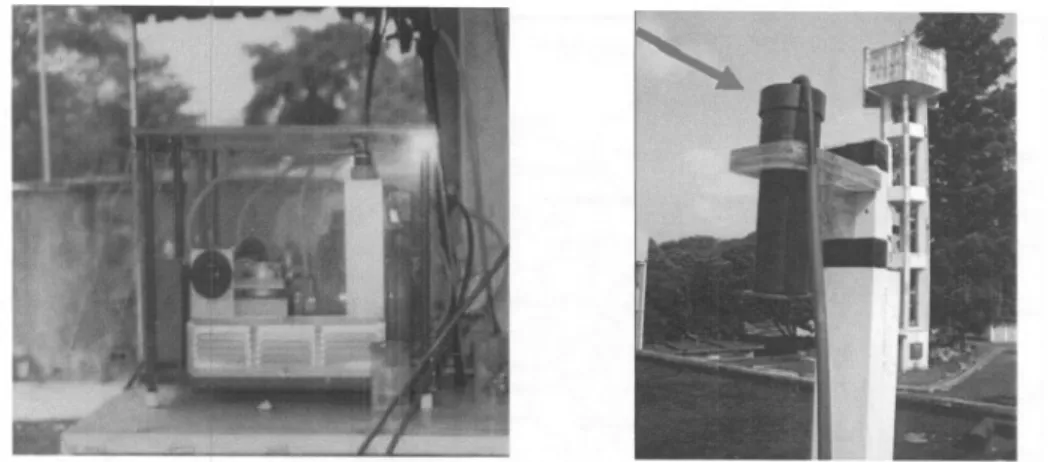 Gambar 4. Alat pencuplik udara Gent stacked filter unit sampler terdiri dari pompa vakum (kiri) dan kontainer hitam berisi filter (kanan)