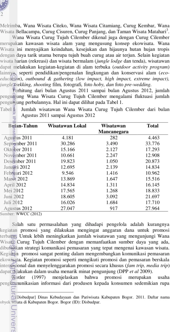 Tabel 1   Jumlah  wisatawan  Wana  Wisata  Curug  Tujuh  Cilember  dari  bulan  Agustus 2011 sampai Agustus 2012 