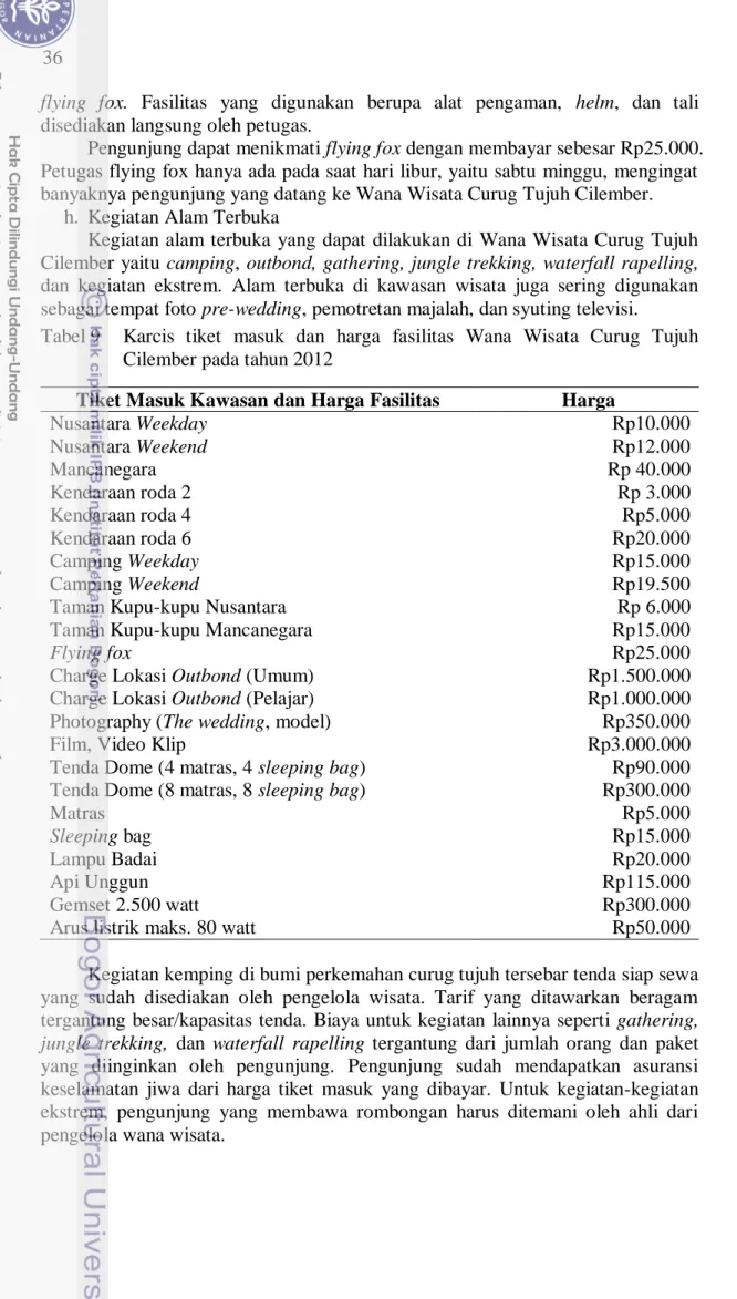 Tabel 9  Karcis  tiket  masuk  dan  harga  fasilitas  Wana  Wisata  Curug  Tujuh  Cilember pada tahun 2012 