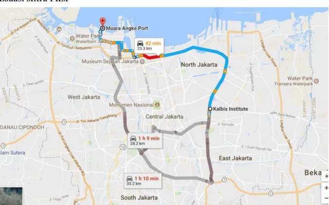 Gambar 3: Lokasi Mitra Yayasan Rumpun Anak Pesisir (YRAP) dari Kalbis Institute  Lokasi  mitra  dengan  institusi  Kalbis  berjarak  kurang  lebih  25  km  melalui  rute  tol  Jakarta  –  Muara  Karang,  Pluit