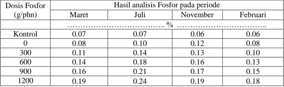 Tabel 4.  Kandungan fosfor jaringan daun tanaman manggis pada empat periode  analisis   Dosis Fosfor 