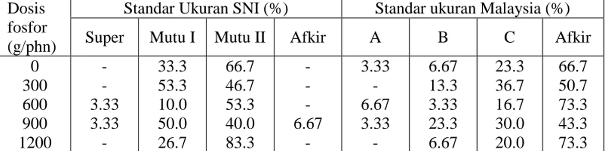Tabel  7.  Persentase  ukuran  buah  manggis  dan  hubungannya  dengan  Standar  SNI  dan  Standar Malaysia pada berbagai dosis fosfor 
