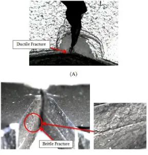 Gambar 12. Foto permukaan  patahan  impact pada spesimen bumper mobil  (A) tampak atas, (B) tampak depan 