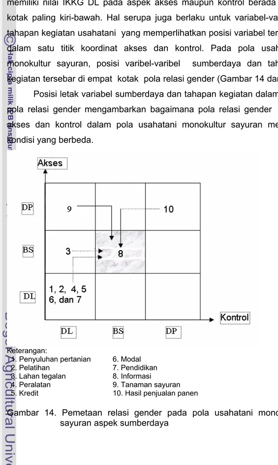 Gambar 14. Pemetaan relasi gender pada pola usahatani monokulur  sayuran aspek sumberdaya 