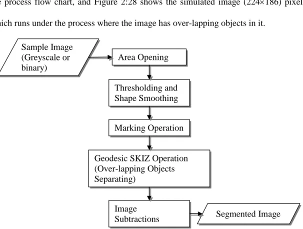 Figure 2:27 Over-lapping objects separating process Sample Image (Greyscale or binary) Area Opening Thresholding and Shape Smoothing  Marking Operation 
