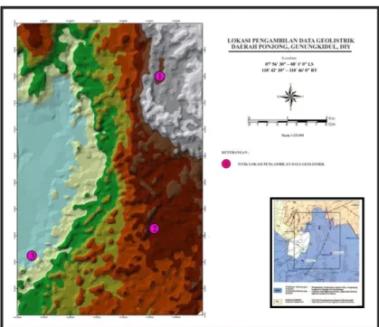 Gambar 3. Lokasi pengambilan data geolistrik, Peta Citra SRTM dioverlay dengan peta topografi  (kelerengan) (kiri), Peta geologi regional Lembar Surakarta- Giritontro [6] (kanan) 