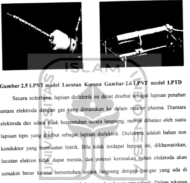 Gambar 2.5 LPNT model Lucutan Korona Gambar 2.6 LPNT model LPTD Secara sederhana, lapisan dielektrik im dapat disebut sebagai lapisan penahan antara elektroda dengan gas yang dimasukan ke dalam reaktor plasma