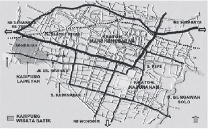 Gambar 1. Wilayah Laweyan di dalam Wilayah Surakarta. (Foto: reproduksi dari Alfa Febela Priyatmono, 2004)