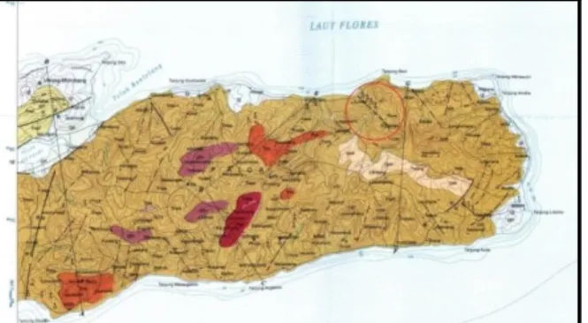 Gambar 2. Geologi Pulau Alor dan Area yang Mengidentifikasikan Adanya Patahan   (Garis Putus-Putus di Dalam Lingkaran Merah) 