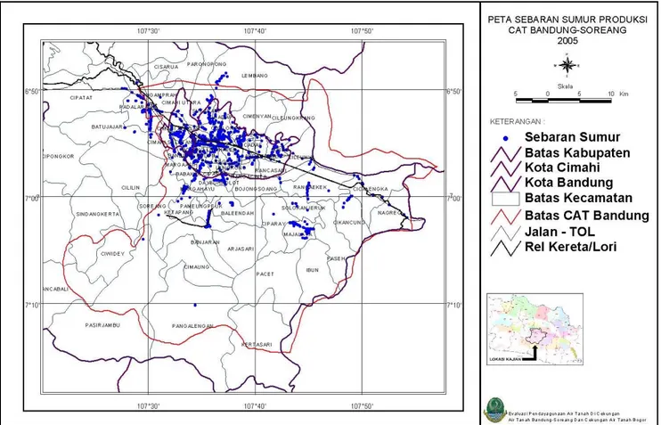 Gambar III.4.  Peta sebaran sumur produksi di CAT Bandung (Sumber : Distamben Prov. Jabar, 2005)