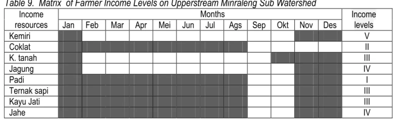 Table 9.  Matrix  of Farmer Income Levels on Upperstream Minraleng Sub Watershed   Income 