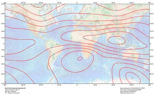 Gambar 4. Peta Intensitas Medan Magnet Total Bumi (NOAA, 2015) 