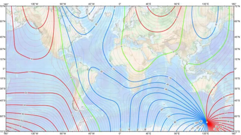 Gambar 3. Peta Deklinasi Medan Magnet Bumi (NOAA, 2015). 