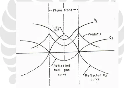 Gambar 2.5 Diagram profil konsentrasi pada nyala api difusi tipe laminar [15] 