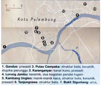 Gambar 4. Persebaran Peninggalan Sriwijaya di Palembang  Sumber: National Geographic 