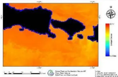Gambar 1. Data SPL Selat Bali gabungan (Himawari-8 dan model MUR SST)  -  Sebaran spasial kepadatan ikan terlihat bahwa kepadan yang tinggi hanya ada pada 