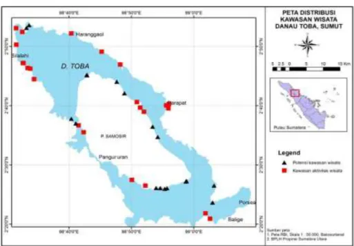 Gambar 4.  Peta sebaran kawasan wisata dan potensi wisata di Danau Toba  Sumber:  Lukman (2013) basis  data Sitompul dkk., (2007) 