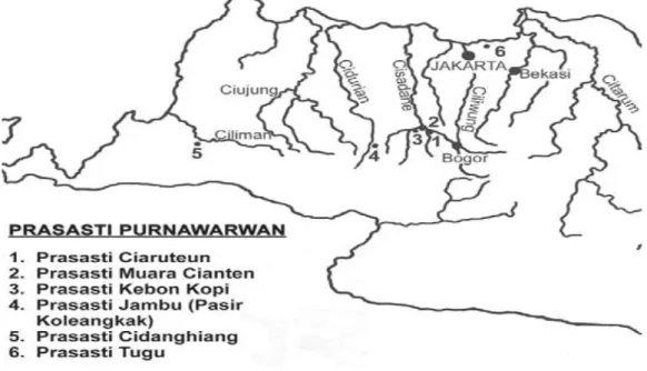 Gambar 2. Peta Lokasi Prasasti Purnawarman  Sumber: Sejarah Nasional Indonesia V 