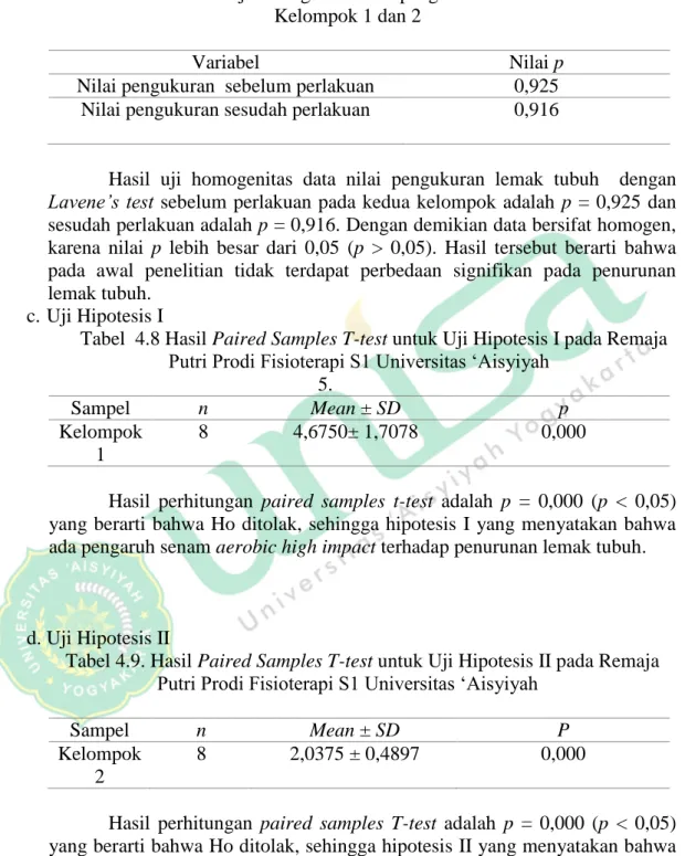 Tabel 4.7. Hasil uji homogenitas data pengukuran lemak tubuh  Kelompok 1 dan 2 