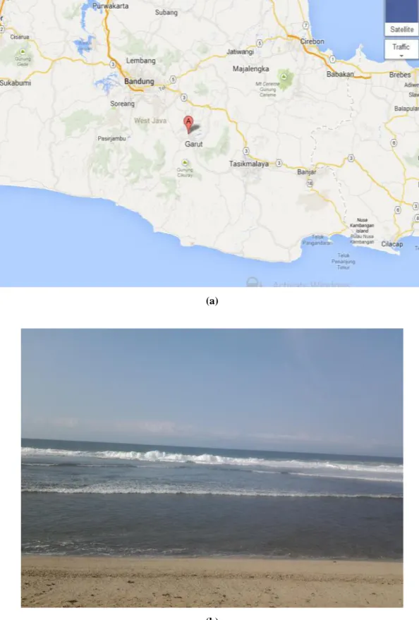 Gambar 1 (a) dan (b). Peta dan Gambar Pantai Sayang Heulang, Pameung peuk,  Garut-Jawa Barat 