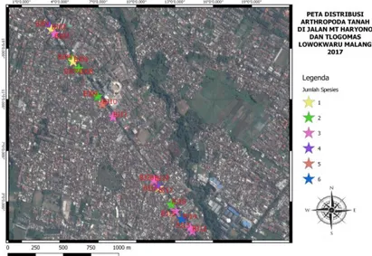 Gambar 5. Peta distribusi arthropoda tanah yang ditemukan di sepanjang jalan  MT Haryono dan Tlogomas berdasarkan jumlah spesies 