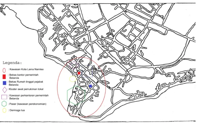 Gambar 4.  Sketsa penataan fungsi ruang Kota Namlea masa kolonial (adaptasi peta jalan Kota Namlea saat ini).