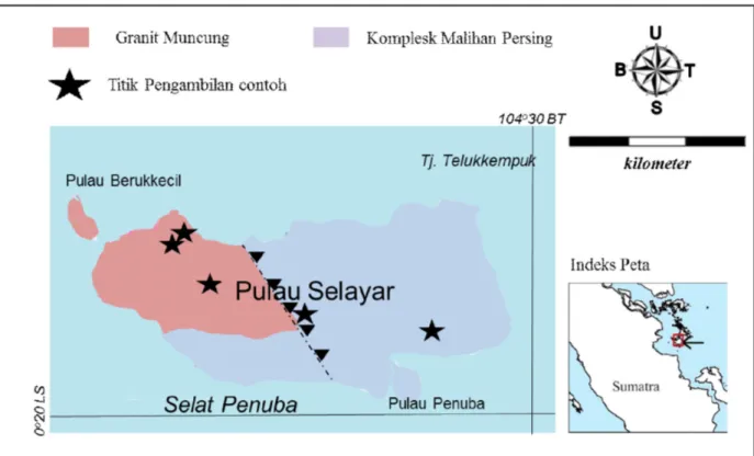 Gambar 1. Lokasi penelitian di Pulau Selayar. Contoh diambil dari lima lokasi yang berada di atas domain Granit Muncung dan  Kompleks Malihan Persing