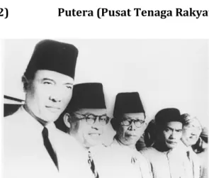 Gambar  :  Foto  Tokoh  Empat  Serangkai,  (Soekarno,  Moh  Hatta,  KH  Mas  Mansyur,  dan  Ki  Hajar  Dewantara)  para  pemimpin  Putera,  yang  sedang  menunggu  kedatangan  Perdana  Menteri  Jepang Tojo pada tahun 1943  Sumber : Kompas.com  