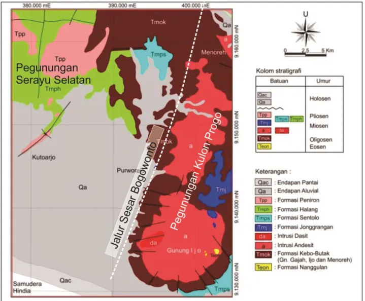 Gambar  2.  Stratigrafi  regional  daerah  penelitian  menurut  peta  geologi  regional  lembar  Yogyakarta  menurut Rahardjo et al., (2012) dan peta geologi lembar Kebumen (Asikin et al.,1992) 