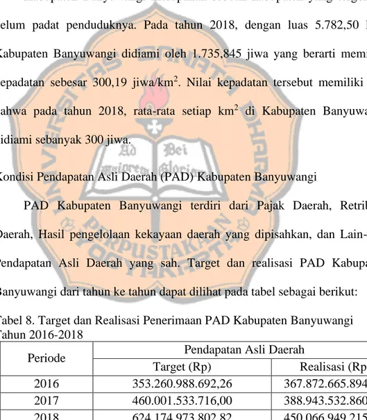 Tabel 8. Target dan Realisasi Penerimaan PAD Kabupaten Banyuwangi  Tahun 2016-2018 
