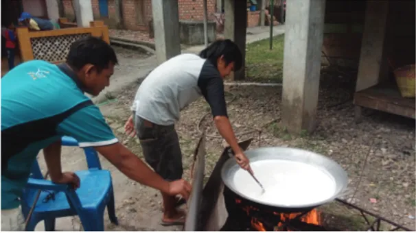 Foto : 2 warga yang saling membantu dalam  membuat adonan santan 