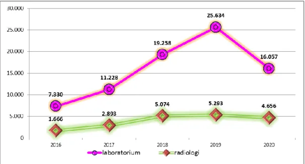 Tabel  5.8  menunjukkan  bahwa  pencapaian  target  penunjang  layanan  laboratorium  hanya  mencapai  59.6  %  dari  target,  sementara  unit  radiologi  hanya mencapai 83.7 % dari target yang ditetapkan untuk tahun 2020