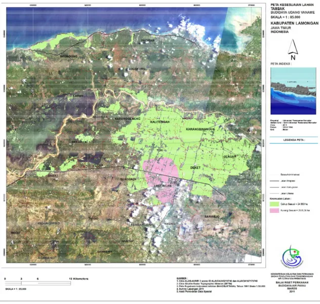 Gambar  2. Peta kesesuaian lahan budidaya udang vaname di tambak Kabupaten Lamongan Provinsi  Jawa  Timur