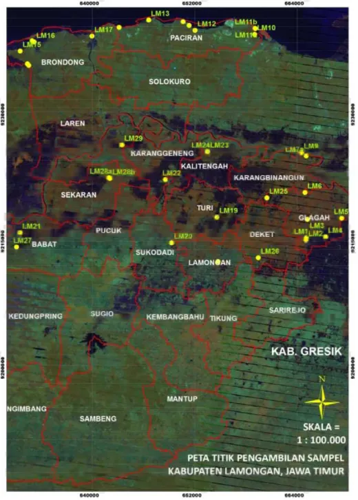 Gambar  1. Peta sebaran titik  pengukuran dan pengambilan contoh  untuk kesesuaian lahan  budidaya  tambak  di  Kabupaten  Lamongan  Provinsi  Jawa  Timur