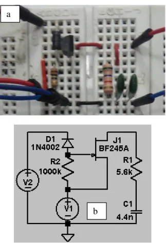 Gambar 2 menunjukkan rangkaian sample dan  hold sederhana dengan sinyal yang disample  beramplitudo 4 V dan berfrekuensi 200 Hz dan sinyal  penyampling (gelombang persegi),  Gambar  3  menunjukkan rangkaian sample dan hold sederhana  dengan sinyal yang dis