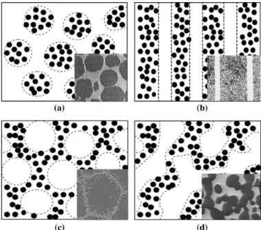 Gambar 3. Model distribusi partikel TiC. (a) Model A: Isolated, (b) Model B: Threadness, (c) Model C: Network  dengan partikel terisolasi, dan (d) Model D: network dengan interconnected particles [23]