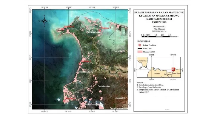 Gambar 3. Sebaran  Mangrove  Kecamatan  Muara  Gembong  Kabupaten  Bekasi  tahun  2009  menggunakan citra satelit landsat 5 dengan waktu perekaman 29 Juli 2009