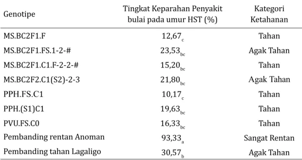 Tabel 3. Reaksi Ketahanan Populasi Jagung Biji Merah Terhadap Penyakit Bulai (P. philipinensis) di KP Maros 2016.