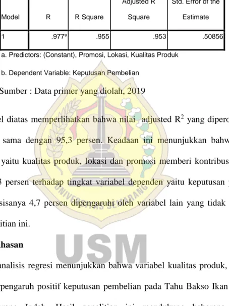 Tabel diatas memperlihatkan bahwa nilai  adjusted R 2  yang diperoleh adalah  0,953,  atau  sama  dengan  95,3  persen