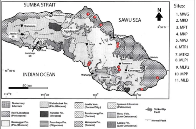 Figure 1. Geological map of Sumba Island and locations of megalith tombs in East Sumba (Modified from Rutherford et