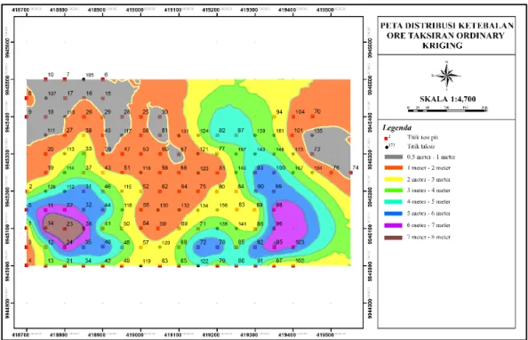 Gambar 7 . Peta distribusi ketebalan ore dengan metode interpolasi OK menggunakan  variogram spherical 