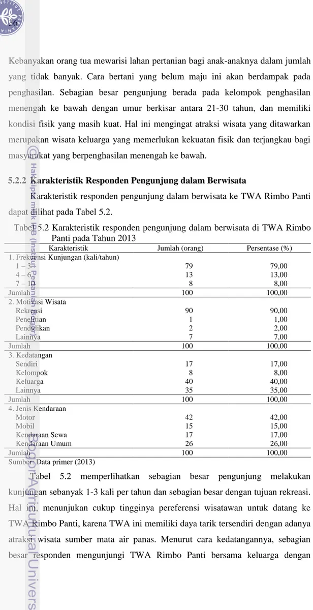 Tabel 5.2 Karakteristik responden pengunjung dalam berwisata di TWA Rimbo  Panti pada Tahun 2013 