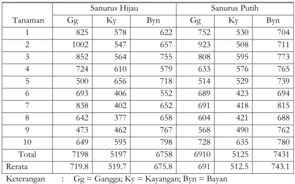 Tabel 3. Komposisi Sanurus warna hijau dan putih di tiga lokasi Penelitian (%) 