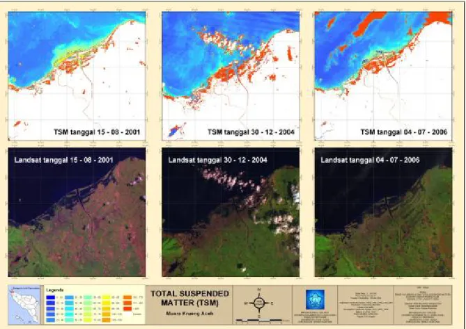 Gambar Konsentrasi TSM pada citra satelit Lansat ETM tanggal 15-08-2001, 30-12-2004 dan  04-07-2006 