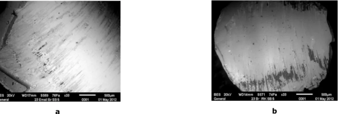 Gambar 3. Hasil SEM perbesaran....x dari kegagalan perekatan spesimen yang menggunakan resin semen  SADRC (a) permukaan email (b) permukaan VIRK.