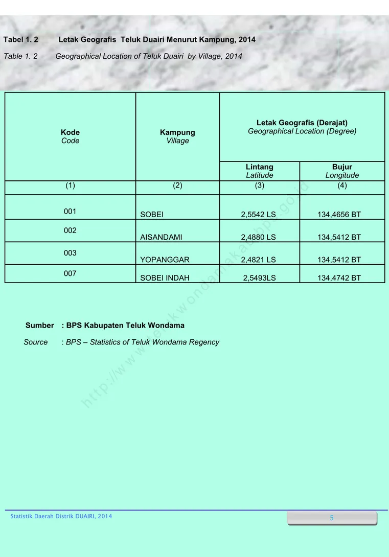 Tabel 1. 2  Letak Geografis  Teluk Duairi Menurut Kampung, 2014  Table 1. 2  Geographical Location of Teluk Duairi  by Village, 2014 